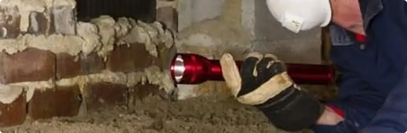 Pest control technician inspecting a crawl space for ant activity in Hiawatha, IA